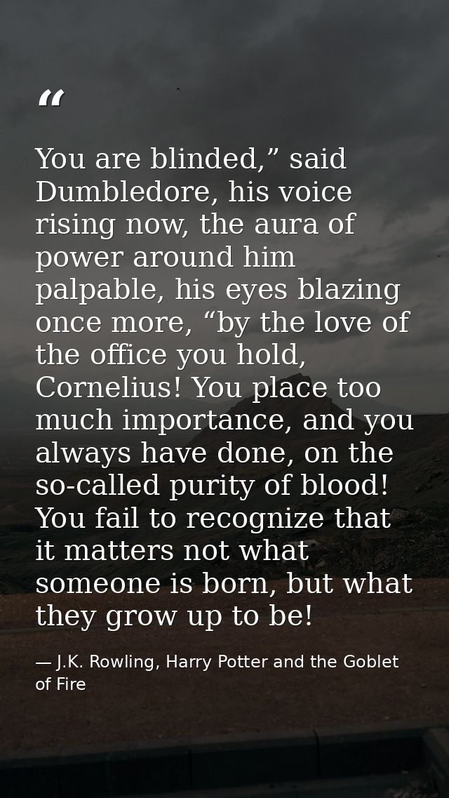 You are blinded,” said Dumbledore, his voice rising now, the aura of power around him palpable, his eyes blazing once mo — J.K. Rowling, Harry Potter and the Goblet of Fire