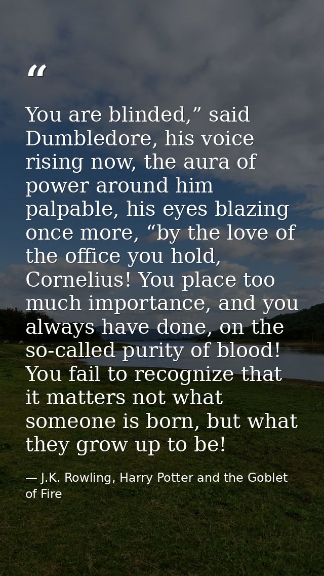 You are blinded,” said Dumbledore, his voice rising now, the aura of power around him palpable, his eyes blazing once mo — J.K. Rowling, Harry Potter and the Goblet of Fire