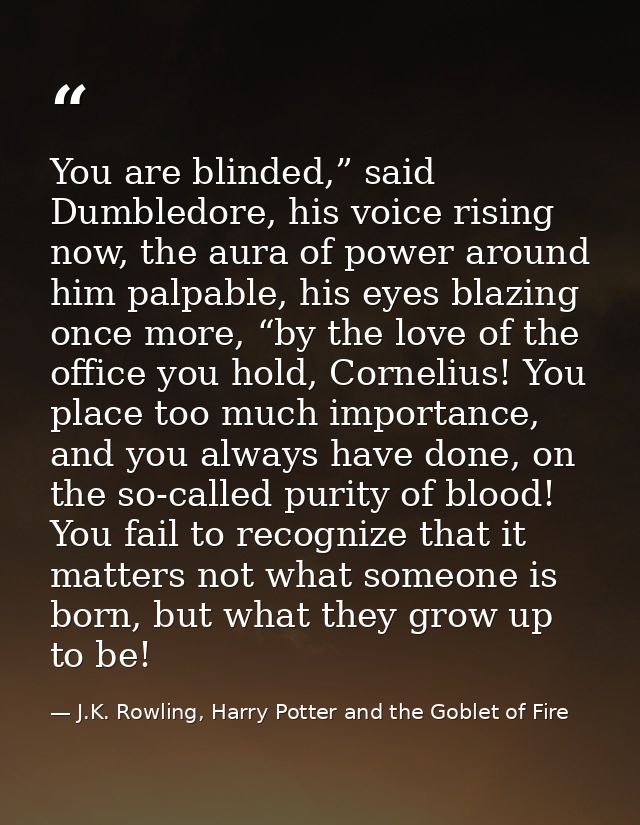 You are blinded,” said Dumbledore, his voice rising now, the aura of power around him palpable, his eyes blazing once mo — J.K. Rowling, Harry Potter and the Goblet of Fire