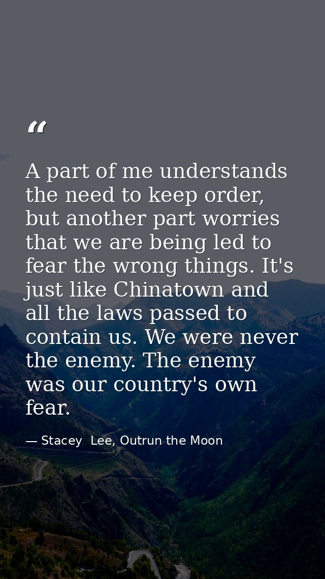 A part of me understands the need to keep order, but another part worries that we are being led to fear the wrong things — Stacey  Lee, Outrun the Moon