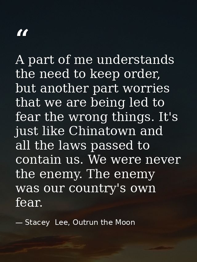A part of me understands the need to keep order, but another part worries that we are being led to fear the wrong things — Stacey  Lee, Outrun the Moon