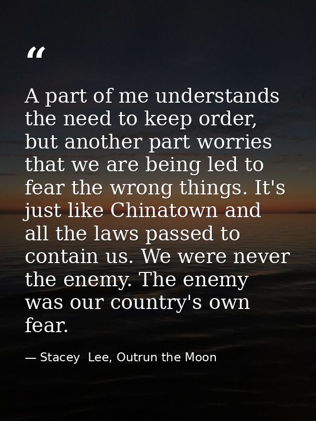 A part of me understands the need to keep order, but another part worries that we are being led to fear the wrong things — Stacey  Lee, Outrun the Moon