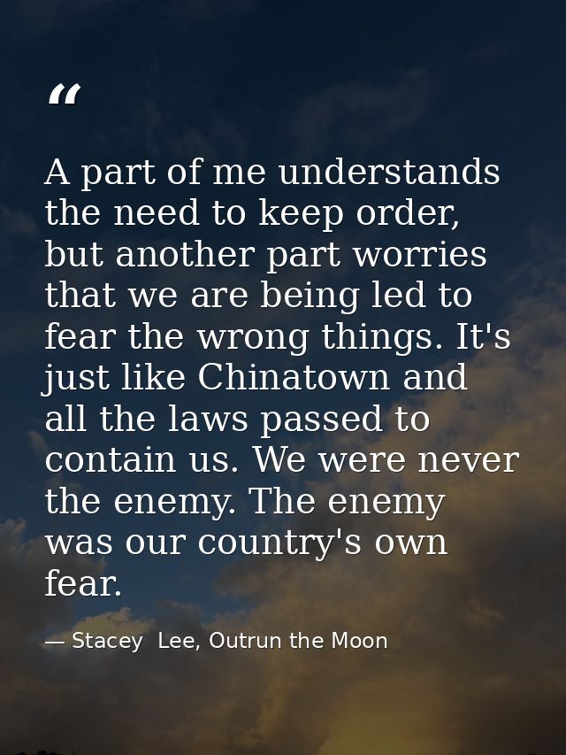 A part of me understands the need to keep order, but another part worries that we are being led to fear the wrong things — Stacey  Lee, Outrun the Moon