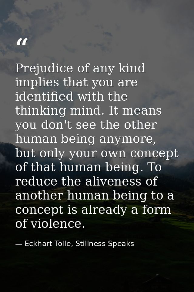Prejudice of any kind implies that you are identified with the thinking mind. It means you don't see the other human bei — Eckhart Tolle, Stillness Speaks