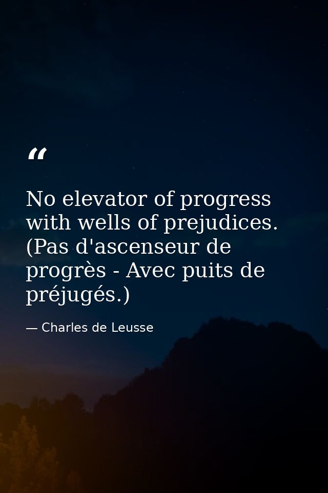 No elevator of progress with wells of prejudices. (Pas d'ascenseur de progrès - Avec puits de préjugés.) — Charles de Leusse