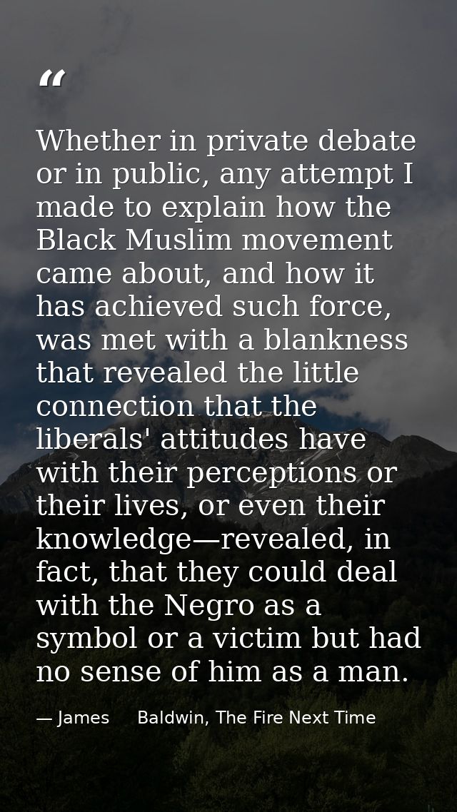 Whether in private debate or in public, any attempt I made to explain how the Black Muslim movement came about, and how  — James     Baldwin, The Fire Next Time