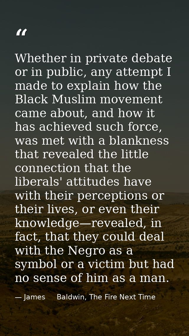 Whether in private debate or in public, any attempt I made to explain how the Black Muslim movement came about, and how  — James     Baldwin, The Fire Next Time
