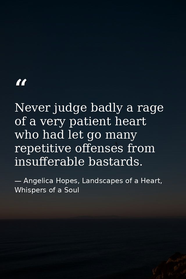Never judge badly a rage of a very patient heart who had let go many repetitive offenses from insufferable bastards. — Angelica Hopes, Landscapes of a Heart, Whispers of a Soul