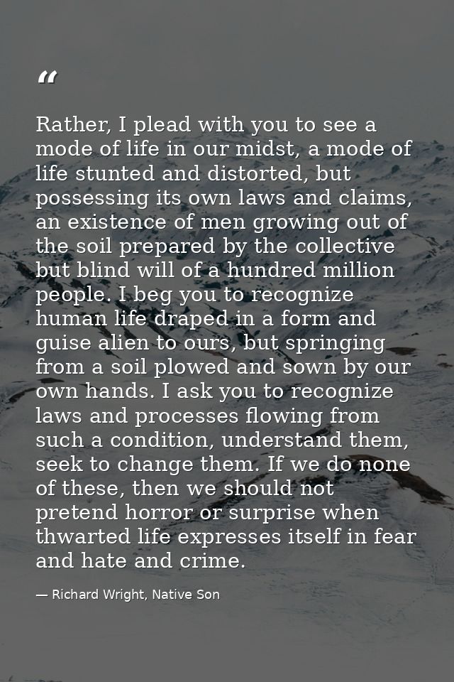 Rather, I plead with you to see a mode of life in our midst, a mode of life stunted and distorted, but possessing its ow — Richard Wright, Native Son