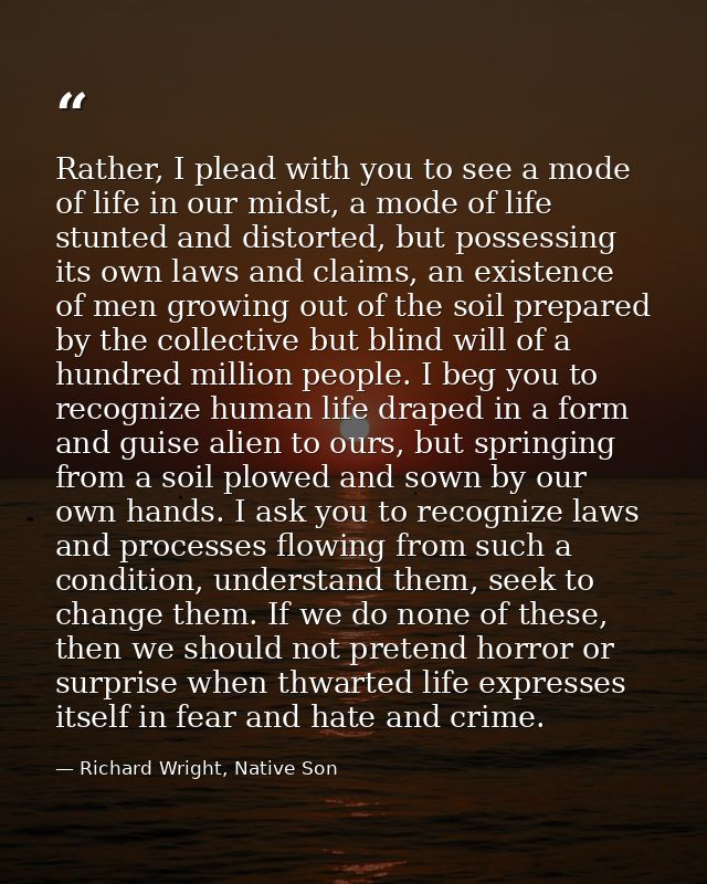 Rather, I plead with you to see a mode of life in our midst, a mode of life stunted and distorted, but possessing its ow — Richard Wright, Native Son