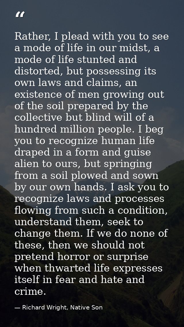Rather, I plead with you to see a mode of life in our midst, a mode of life stunted and distorted, but possessing its ow — Richard Wright, Native Son