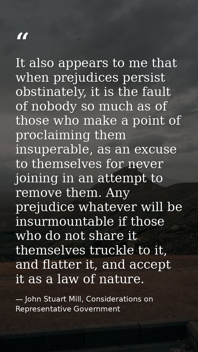It also appears to me that when prejudices persist obstinately, it is the fault of nobody so much as of those who make a — John Stuart Mill, Considerations on Representative Government