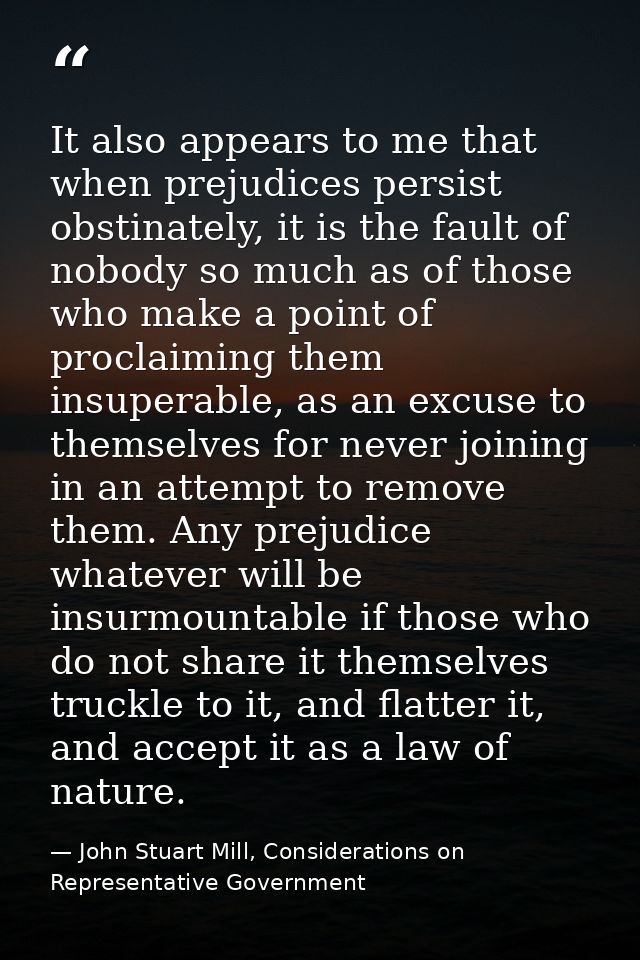 It also appears to me that when prejudices persist obstinately, it is the fault of nobody so much as of those who make a — John Stuart Mill, Considerations on Representative Government