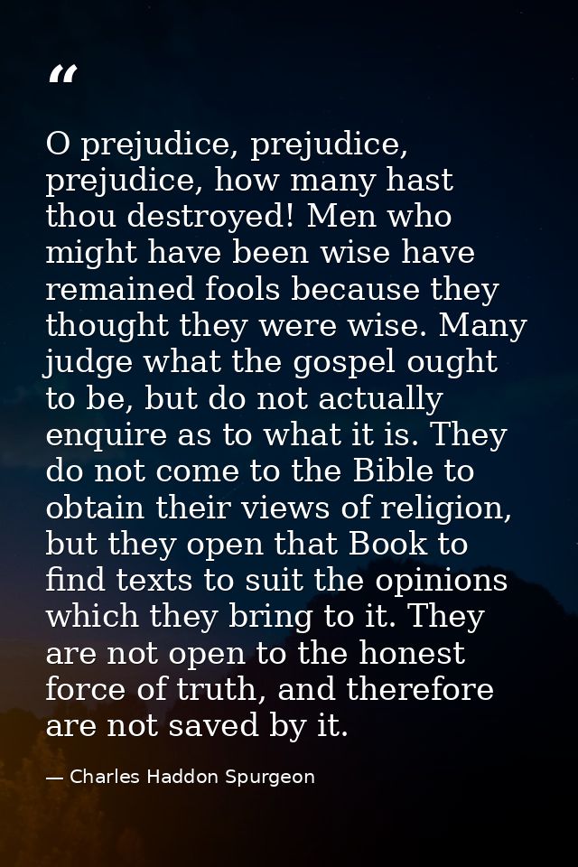 O prejudice, prejudice, prejudice, how many hast thou destroyed! Men who might have been wise have remained fools becaus — Charles Haddon Spurgeon