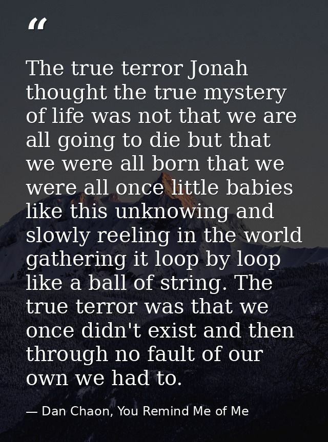 The true terror Jonah thought the true mystery of life was not that we are all going to die but that we were all born th — Dan Chaon, You Remind Me of Me