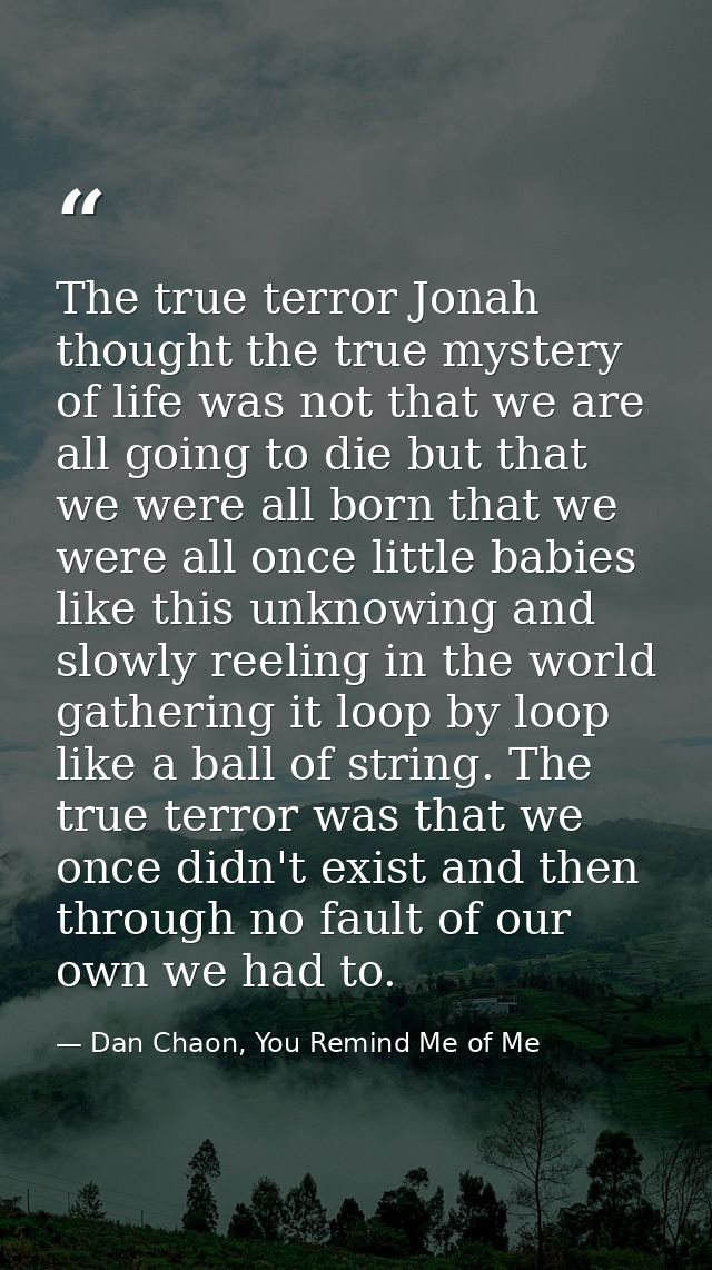 The true terror Jonah thought the true mystery of life was not that we are all going to die but that we were all born th — Dan Chaon, You Remind Me of Me
