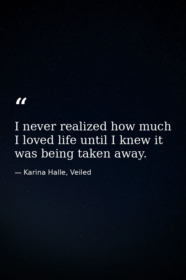 I never realized how much I loved life until I knew it was being taken away. — Karina Halle, Veiled