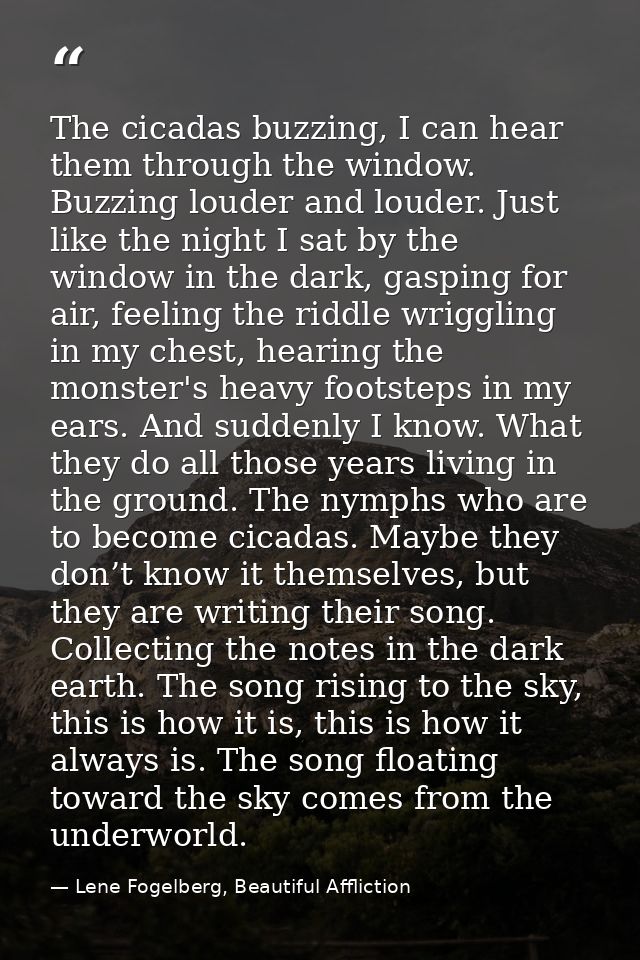 The cicadas buzzing, I can hear them through the window. Buzzing louder and louder. Just like the night I sat by the win — Lene Fogelberg, Beautiful Affliction