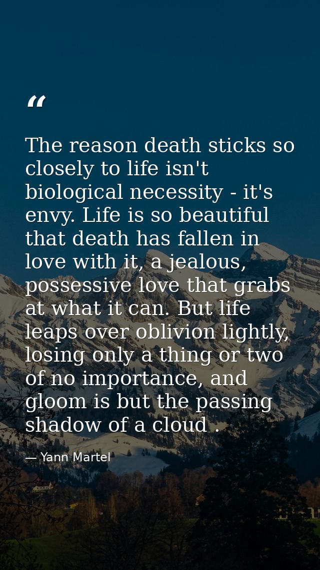 The reason death sticks so closely to life isn't biological necessity - it's envy. Life is so beautiful that death has f — Yann Martel