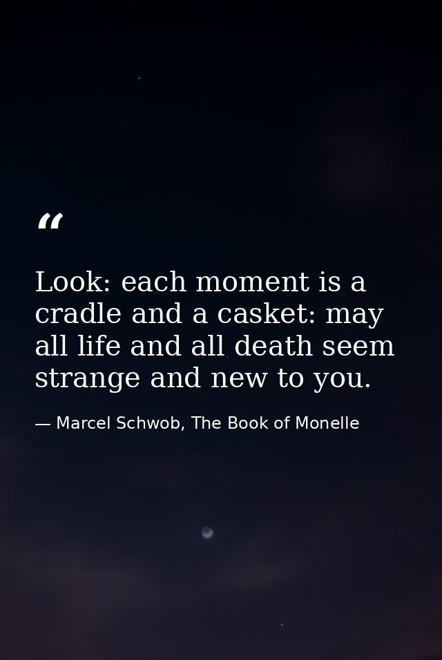 Look: each moment is a cradle and a casket: may all life and all death seem strange and new to you. — Marcel Schwob, The Book of Monelle