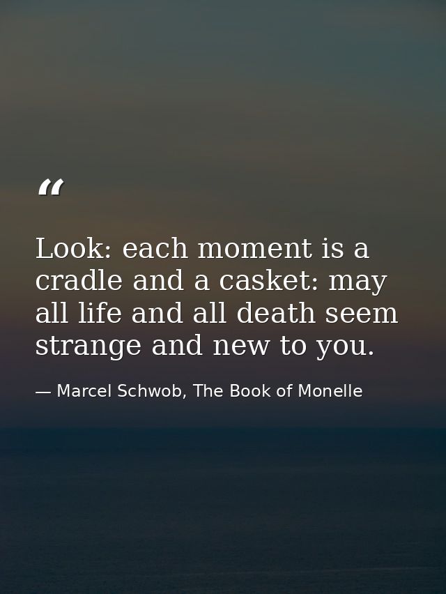 Look: each moment is a cradle and a casket: may all life and all death seem strange and new to you. — Marcel Schwob, The Book of Monelle