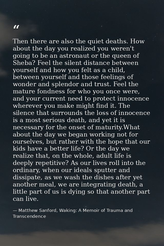 Then there are also the quiet deaths. How about the day you realized you weren't going to be an astronaut or the queen o — Matthew Sanford, Waking: A Memoir of Trauma and Transcendence