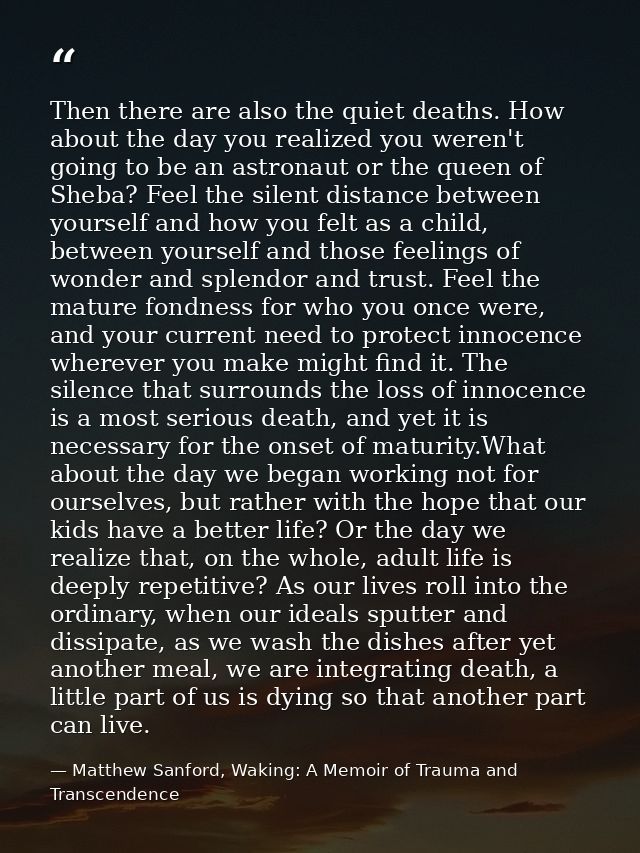 Then there are also the quiet deaths. How about the day you realized you weren't going to be an astronaut or the queen o — Matthew Sanford, Waking: A Memoir of Trauma and Transcendence