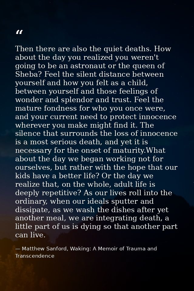 Then there are also the quiet deaths. How about the day you realized you weren't going to be an astronaut or the queen o — Matthew Sanford, Waking: A Memoir of Trauma and Transcendence