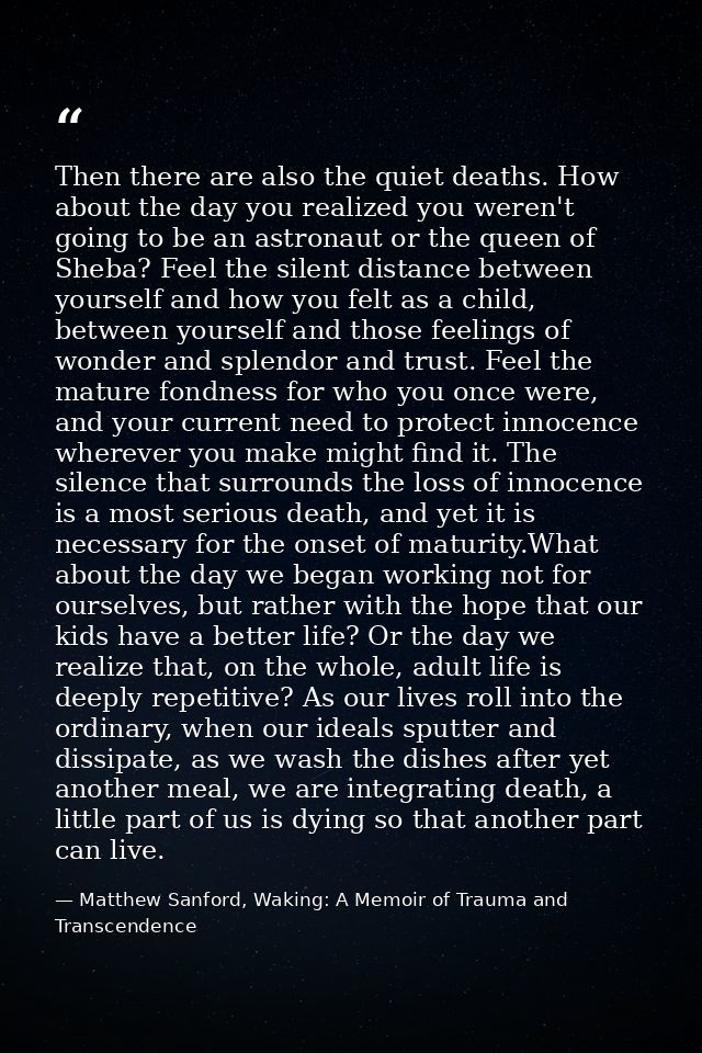 Then there are also the quiet deaths. How about the day you realized you weren't going to be an astronaut or the queen o — Matthew Sanford, Waking: A Memoir of Trauma and Transcendence