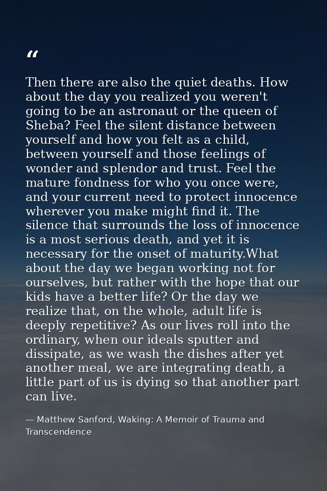 Then there are also the quiet deaths. How about the day you realized you weren't going to be an astronaut or the queen o — Matthew Sanford, Waking: A Memoir of Trauma and Transcendence