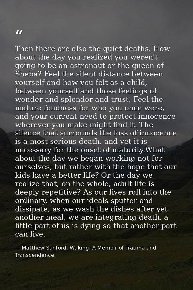 Then there are also the quiet deaths. How about the day you realized you weren't going to be an astronaut or the queen o — Matthew Sanford, Waking: A Memoir of Trauma and Transcendence