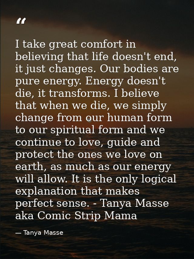I take great comfort in believing that life doesn't end, it just changes. Our bodies are pure energy. Energy doesn't die — Tanya Masse
