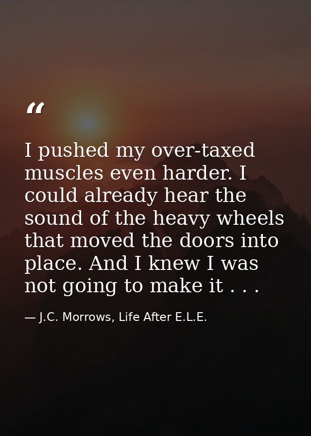 I pushed my over-taxed muscles even harder. I could already hear the sound of the heavy wheels that moved the doors into — J.C. Morrows, Life After E.L.E.