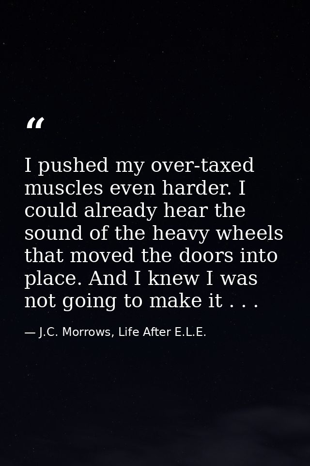 I pushed my over-taxed muscles even harder. I could already hear the sound of the heavy wheels that moved the doors into — J.C. Morrows, Life After E.L.E.