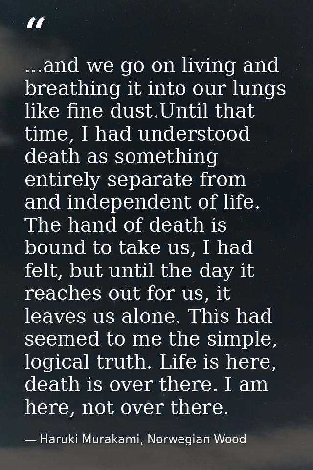 ...and we go on living and breathing it into our lungs like fine dust.Until that time, I had understood death as somethi — Haruki Murakami, Norwegian Wood