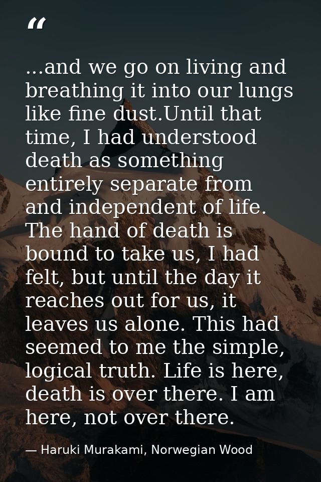 ...and we go on living and breathing it into our lungs like fine dust.Until that time, I had understood death as somethi — Haruki Murakami, Norwegian Wood
