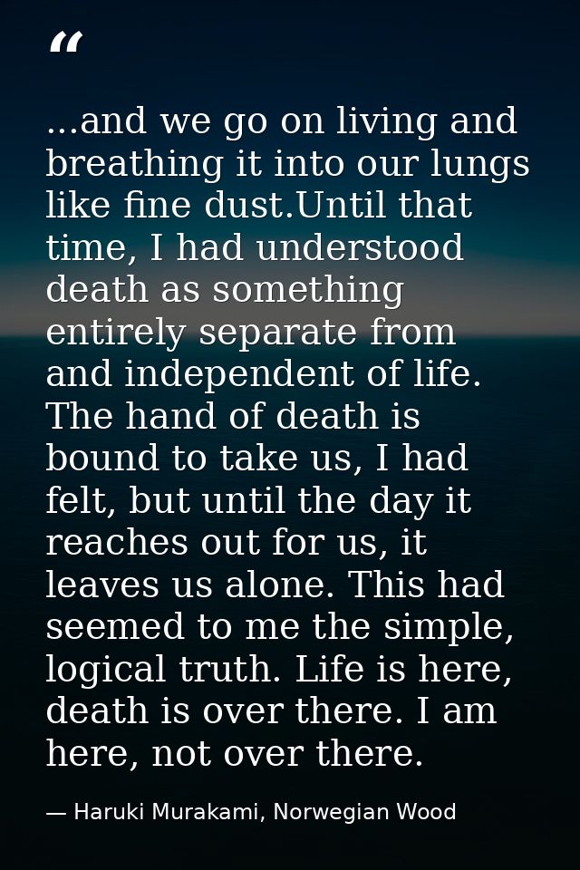 ...and we go on living and breathing it into our lungs like fine dust.Until that time, I had understood death as somethi — Haruki Murakami, Norwegian Wood