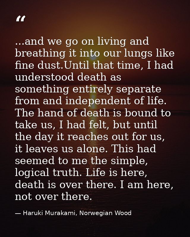 ...and we go on living and breathing it into our lungs like fine dust.Until that time, I had understood death as somethi — Haruki Murakami, Norwegian Wood