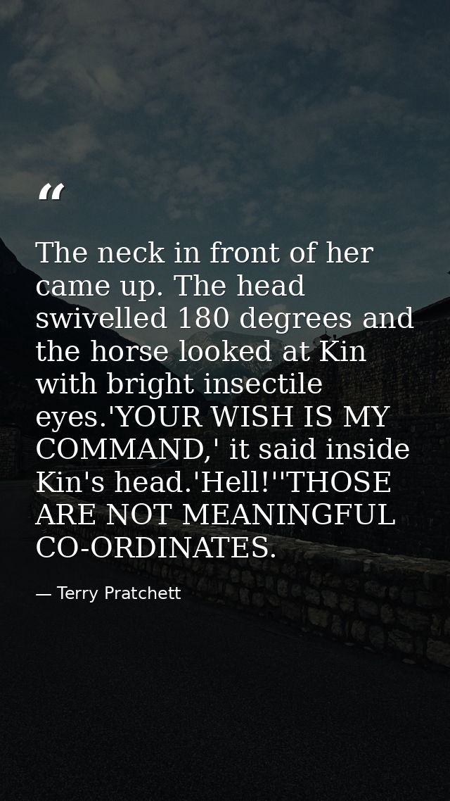 The neck in front of her came up. The head swivelled 180 degrees and the horse looked at Kin with bright insectile eyes. — Terry Pratchett