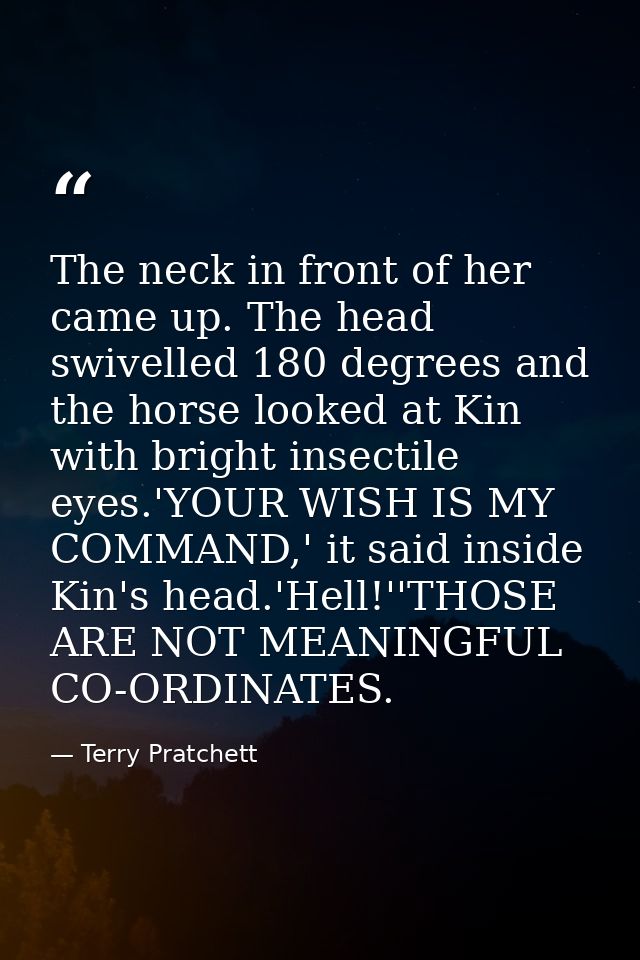 The neck in front of her came up. The head swivelled 180 degrees and the horse looked at Kin with bright insectile eyes. — Terry Pratchett