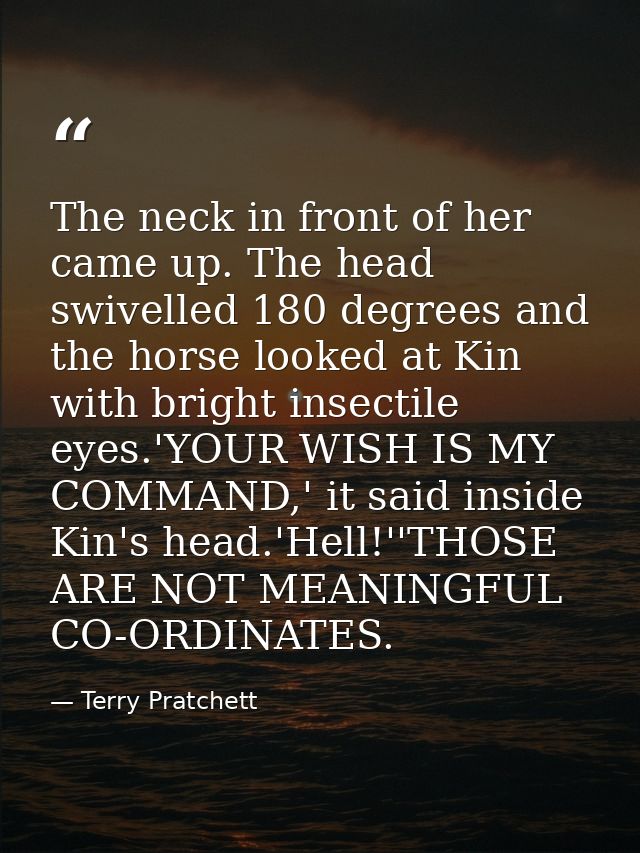 The neck in front of her came up. The head swivelled 180 degrees and the horse looked at Kin with bright insectile eyes. — Terry Pratchett
