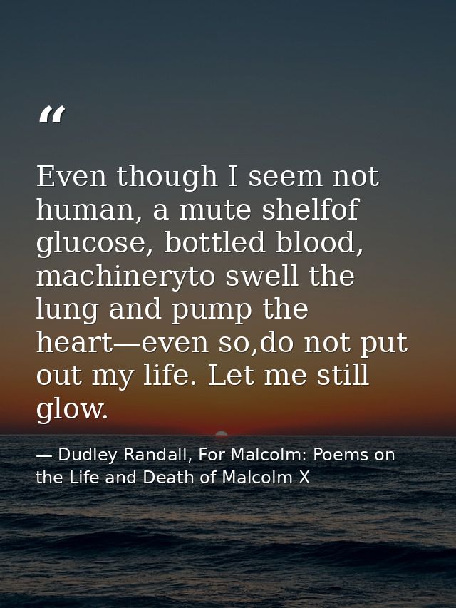 Even though I seem not human, a mute shelfof glucose, bottled blood, machineryto swell the lung and pump the heart—even  — Dudley Randall, For Malcolm: Poems on the Life and Death of Malcolm X