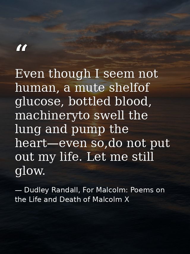 Even though I seem not human, a mute shelfof glucose, bottled blood, machineryto swell the lung and pump the heart—even  — Dudley Randall, For Malcolm: Poems on the Life and Death of Malcolm X