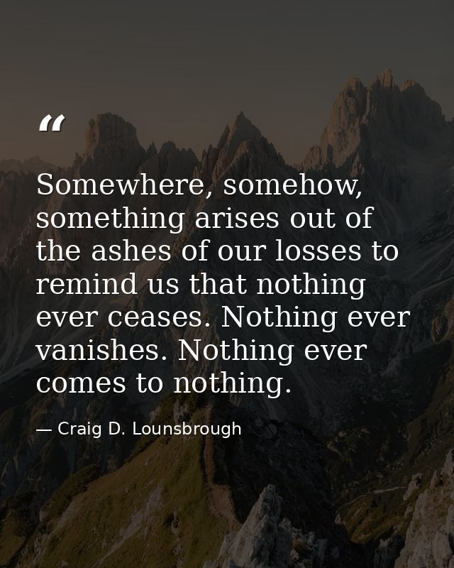 Somewhere, somehow, something arises out of the ashes of our losses to remind us that nothing ever ceases. Nothing ever  — Craig D. Lounsbrough