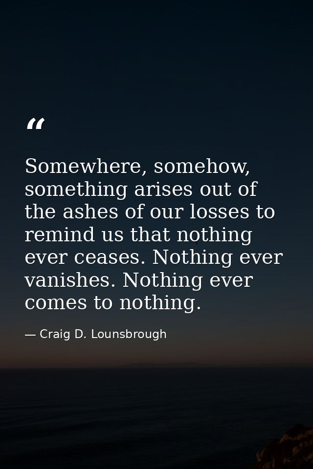 Somewhere, somehow, something arises out of the ashes of our losses to remind us that nothing ever ceases. Nothing ever  — Craig D. Lounsbrough