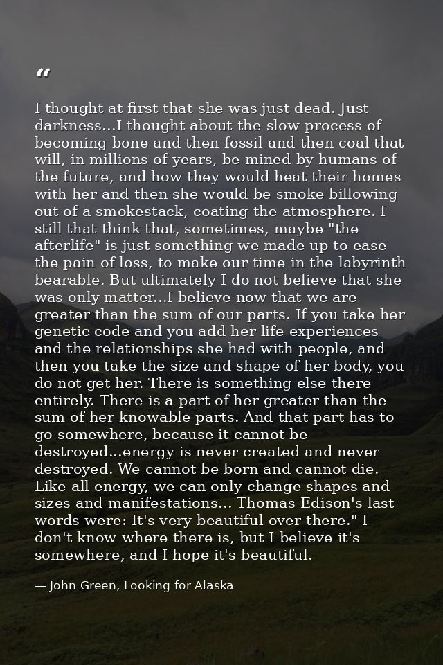 I thought at first that she was just dead. Just darkness...I thought about the slow process of becoming bone and then fo — John Green, Looking for Alaska