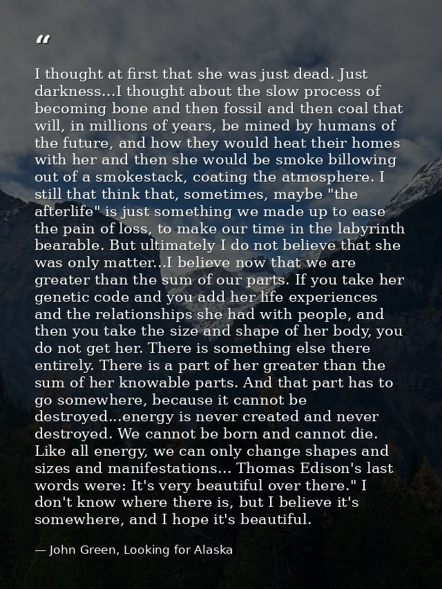 I thought at first that she was just dead. Just darkness...I thought about the slow process of becoming bone and then fo — John Green, Looking for Alaska