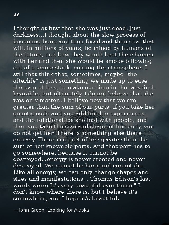 I thought at first that she was just dead. Just darkness...I thought about the slow process of becoming bone and then fo — John Green, Looking for Alaska