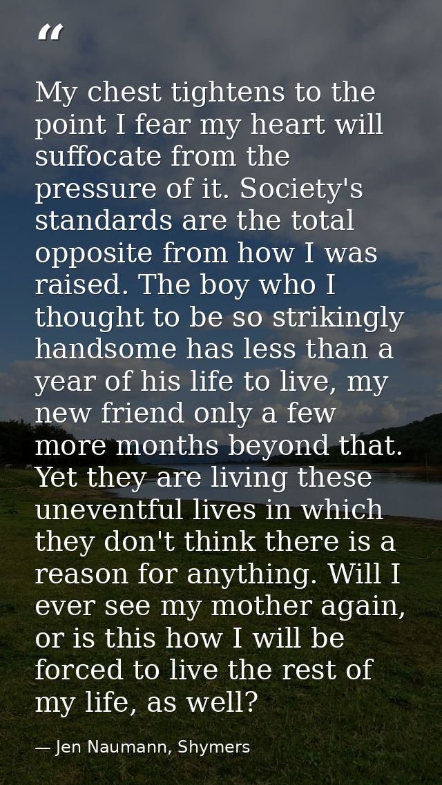 My chest tightens to the point I fear my heart will suffocate from the pressure of it. Society's standards are the total — Jen Naumann, Shymers