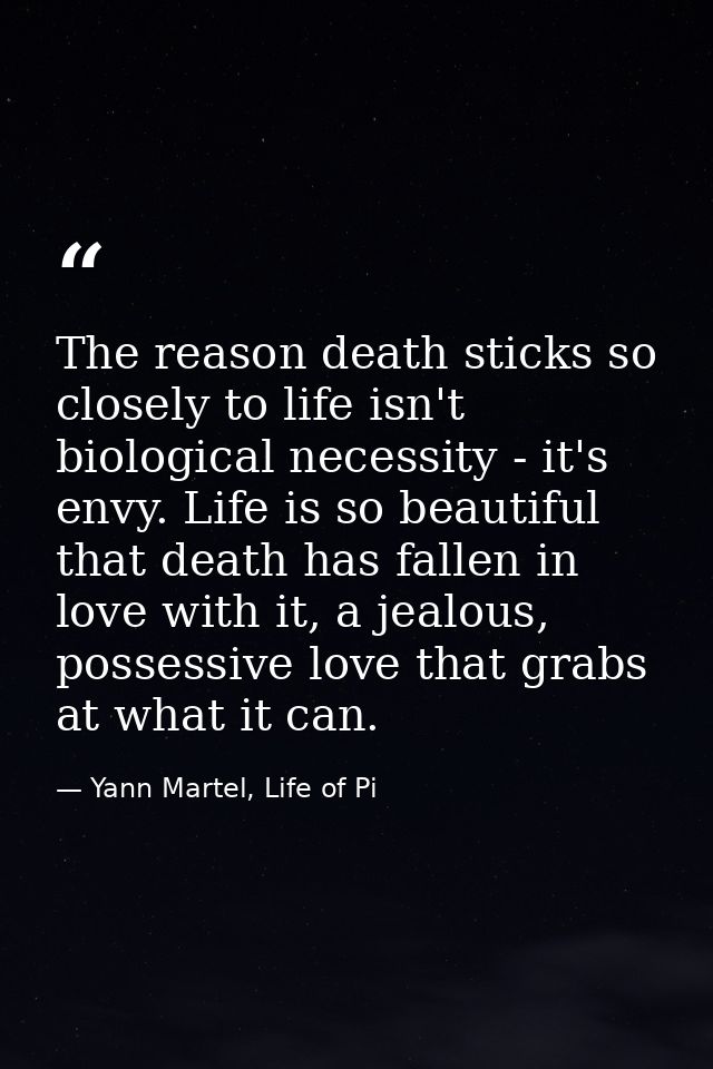 The reason death sticks so closely to life isn't biological necessity - it's envy. Life is so beautiful that death has f — Yann Martel, Life of Pi